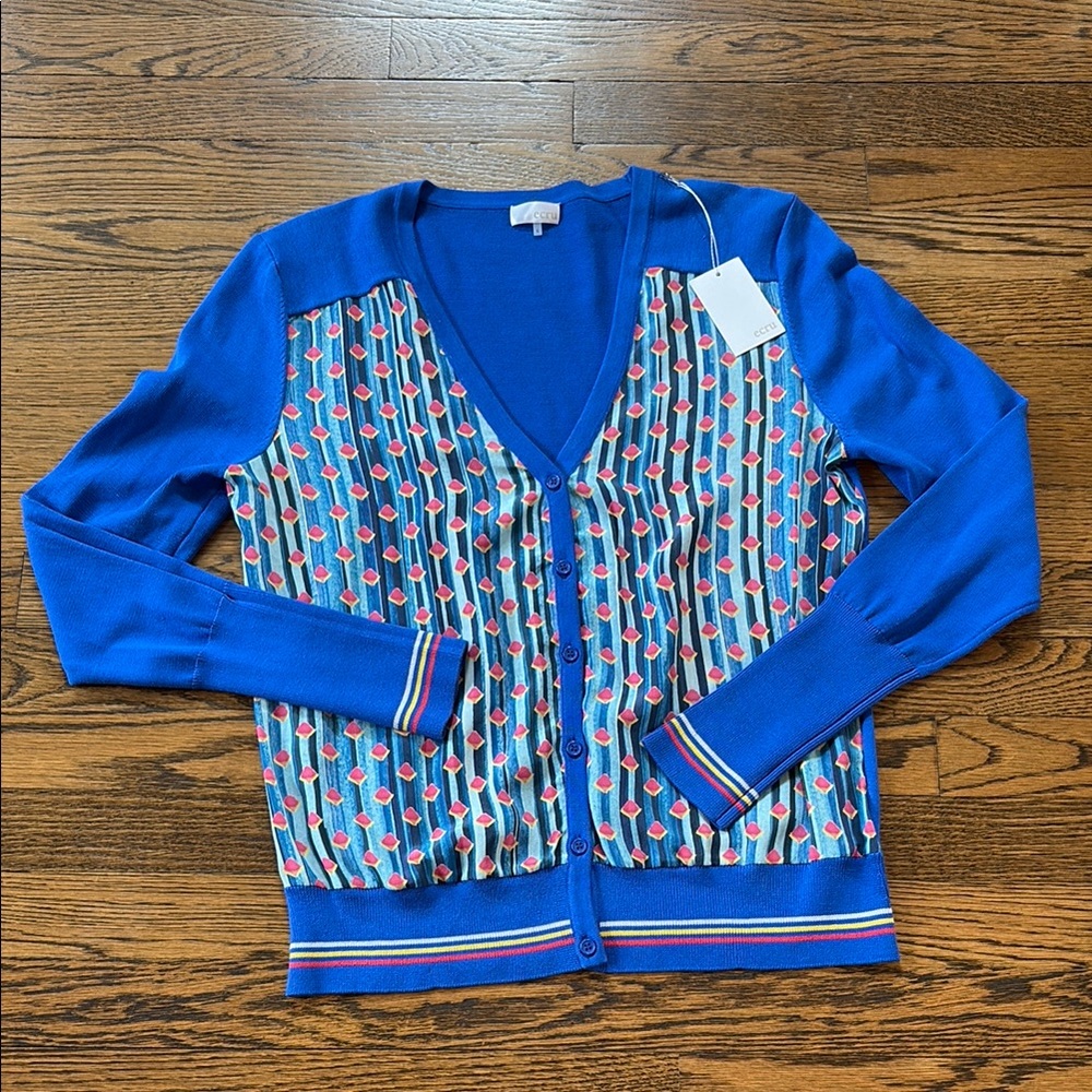 Ecru NWT mixed media Blue Cardigan with Patterned Front, s